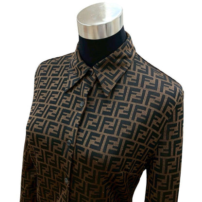 FENDI Long sleeve shirt Rayon, Nylon, Polyester Brown Zucca FF Pattern Women