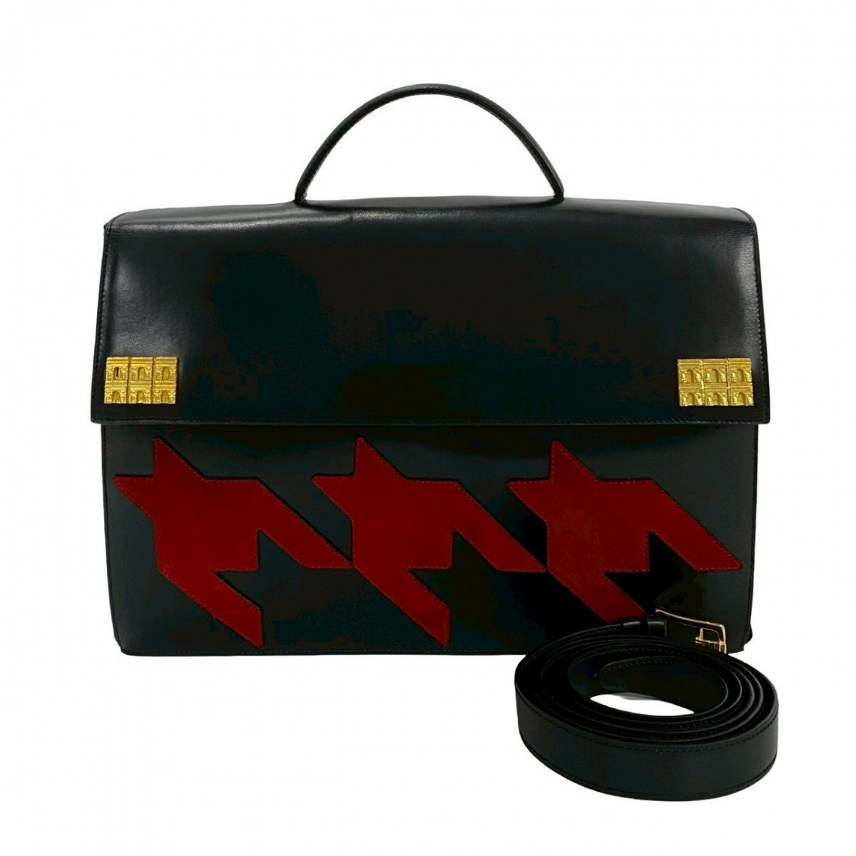 CELINE Shoulder Bag Calfskin, Leather black Arc de Triomphe motif houndstooth mens