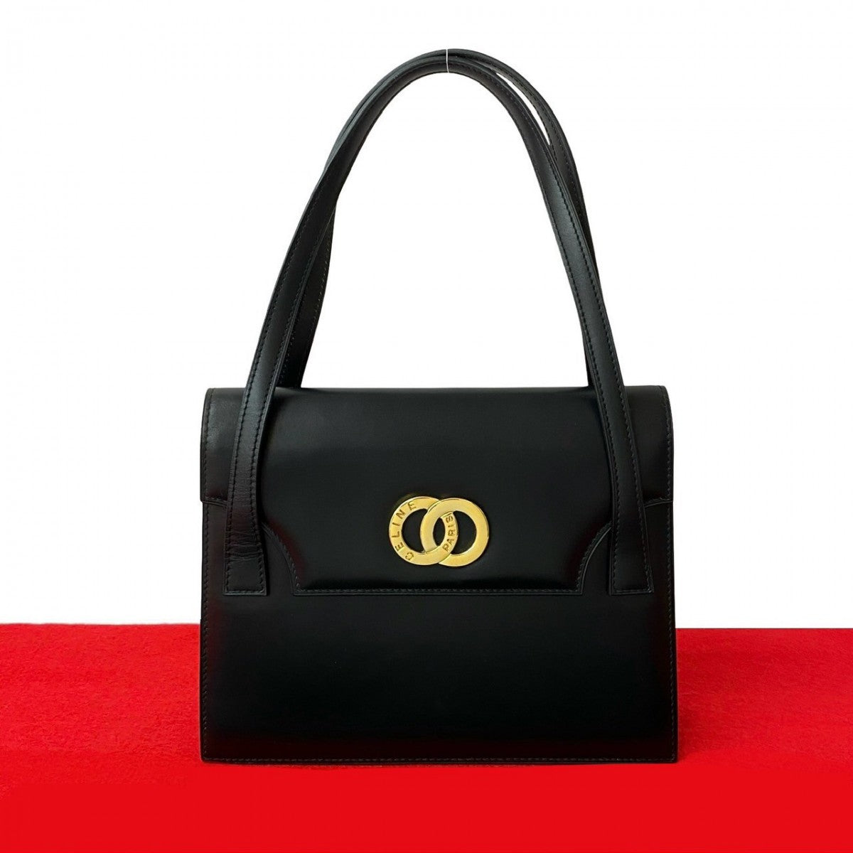 CELINE Handbag leather black Circle logo Metal Women