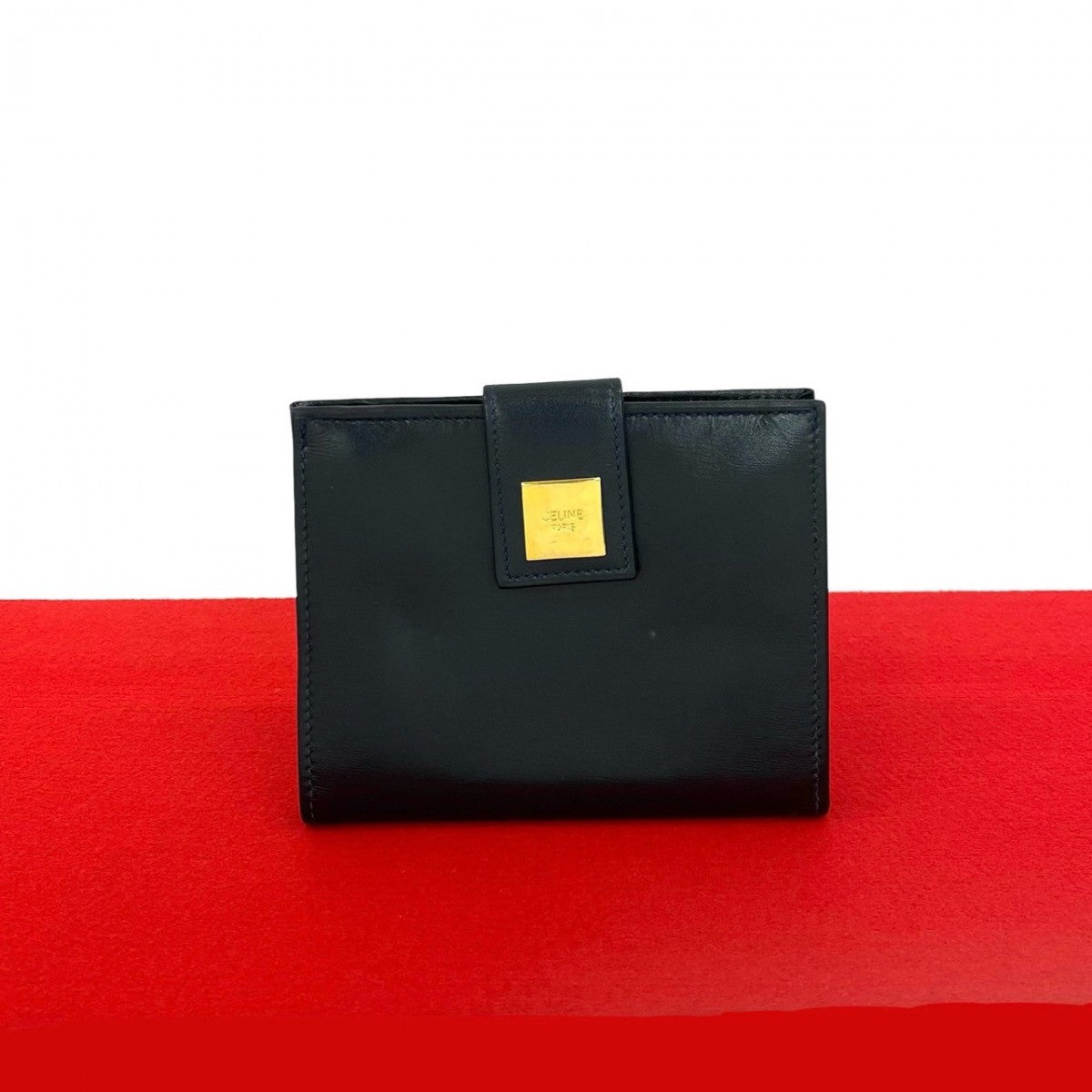 CELINE Bifold Wallet Calfskin, Leather Navy logo Metal Women(Unisex)