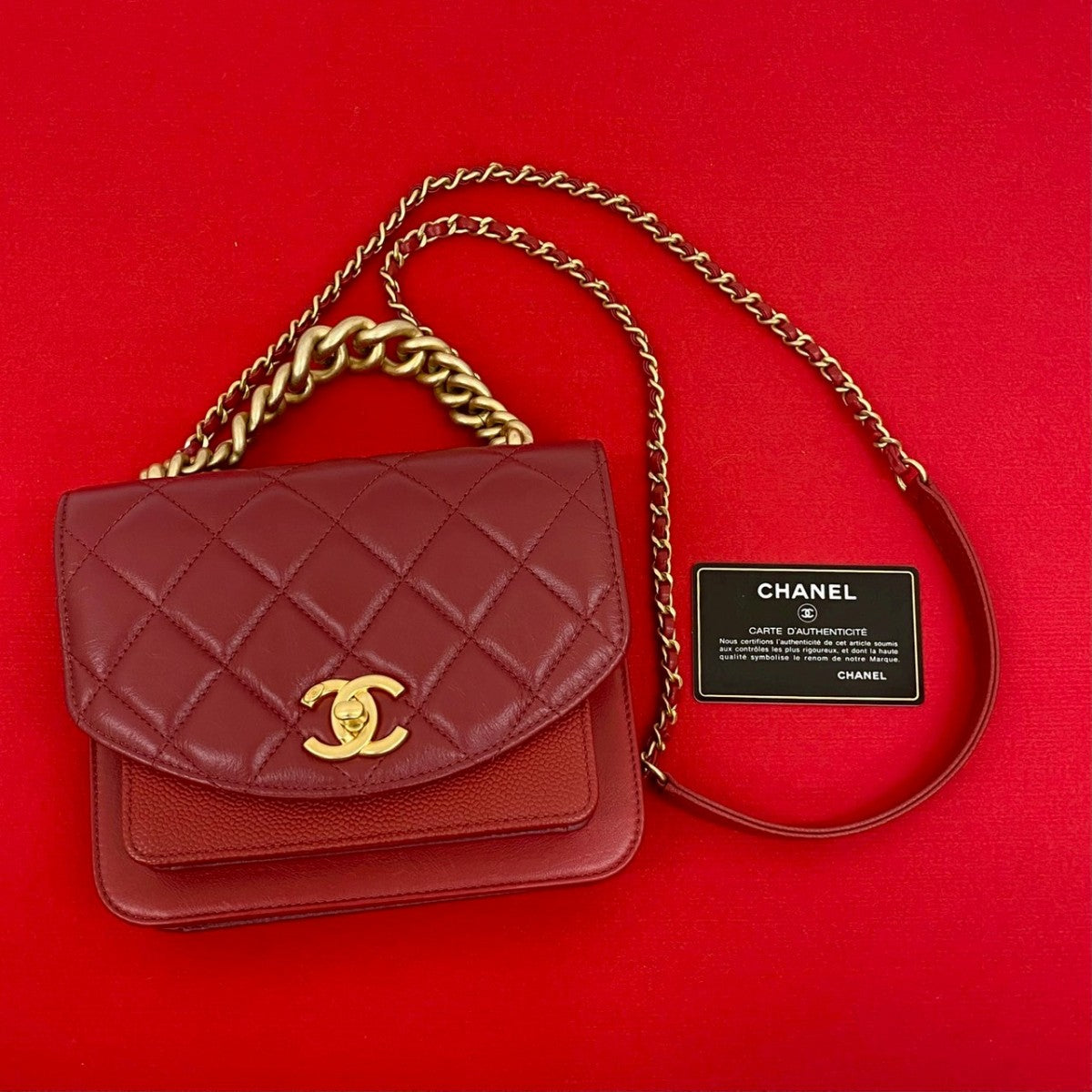 CHANEL Shoulder Bag Matt caviar skin Red Matrasse Small flap
