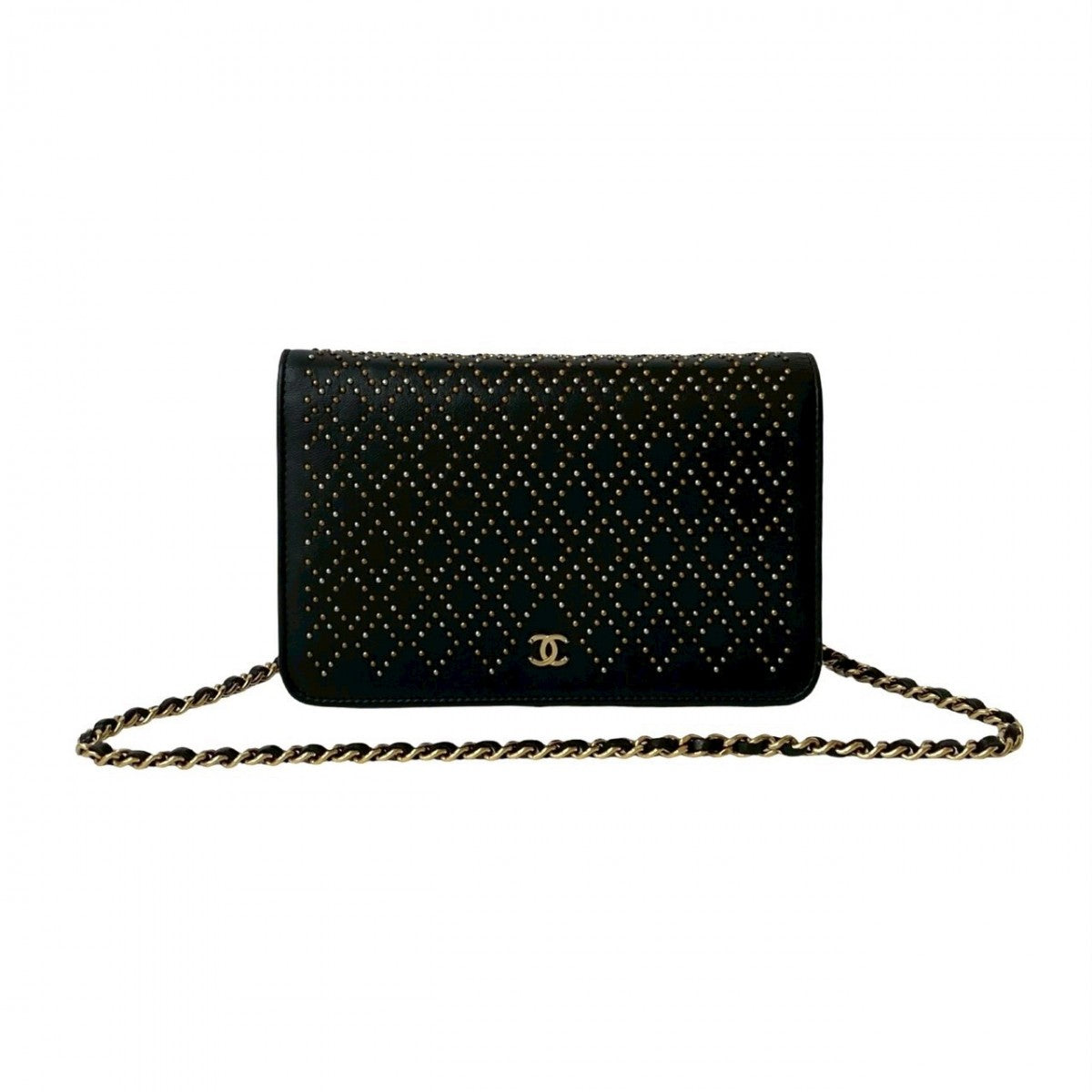 CHANEL Long Wallet Purse leather black Studded Grid Chain Wallet