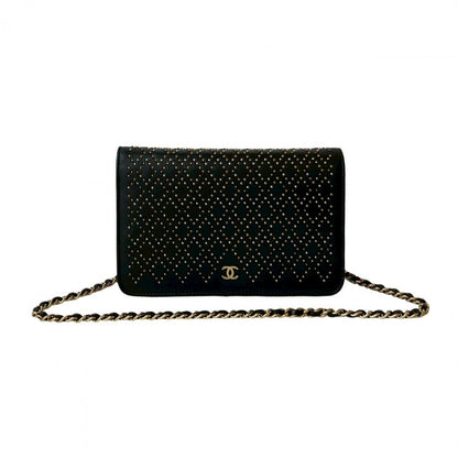 CHANEL Long Wallet Purse leather black Studded Grid Chain Wallet