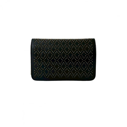 CHANEL Long Wallet Purse leather black Studded Grid Chain Wallet