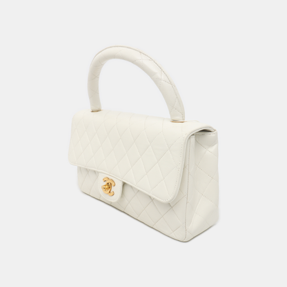 Chanel Kelly Parent Top Handle Flap Bag Medium White Lambskin Leather Gold Hardware 1991-1994