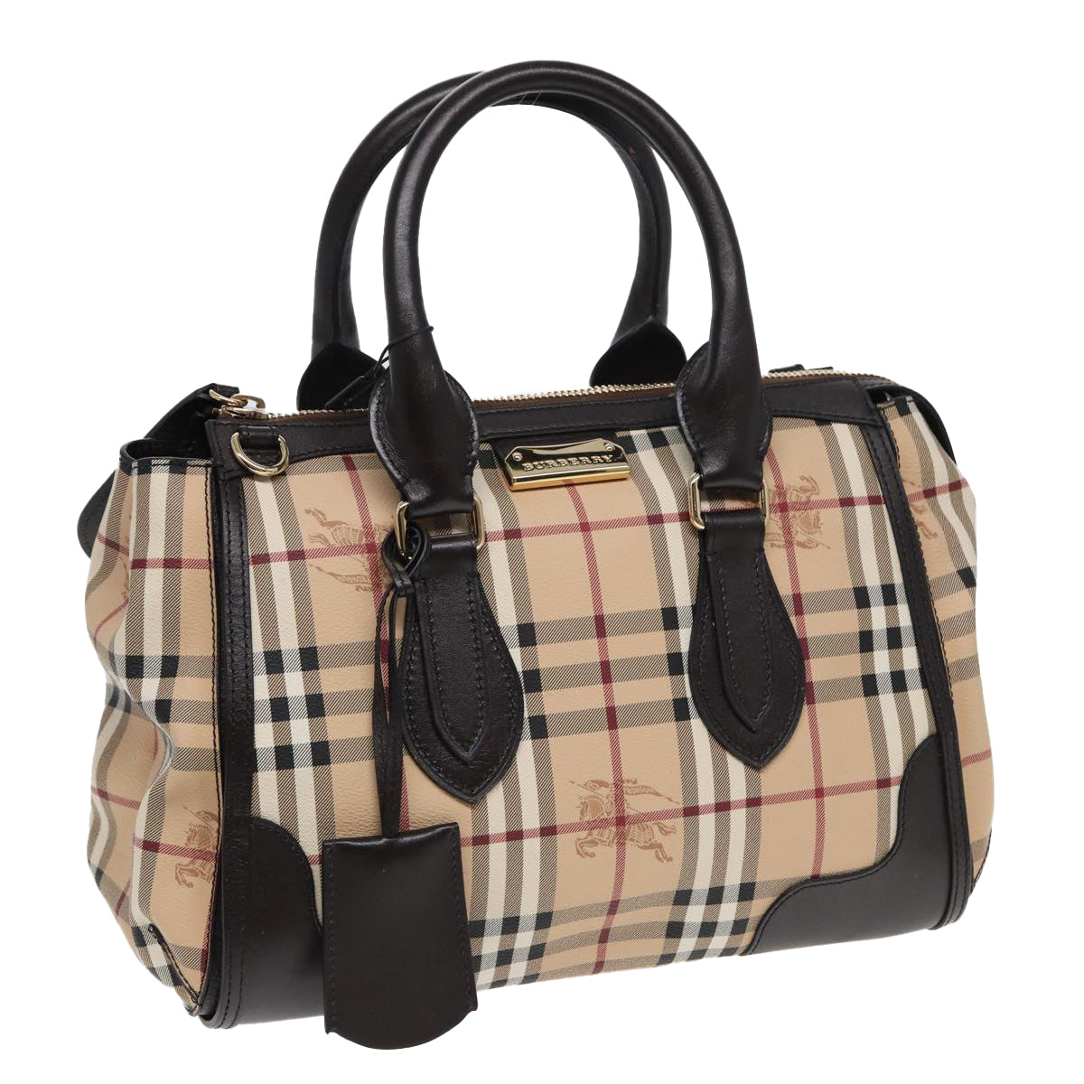 Luxury Burberry Nova Check Hand Bag PVC Leather Beige Auth 83146