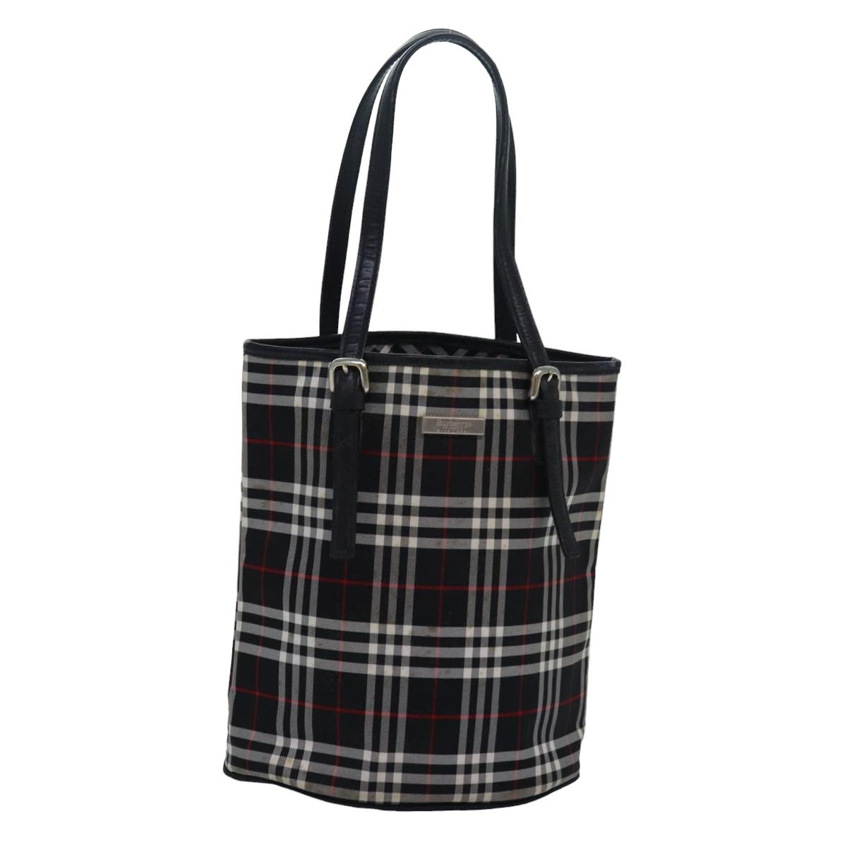 Luxury BurberrySs Nova Check Blue Label Tote Bag Nylon Leather Black Auth 83195