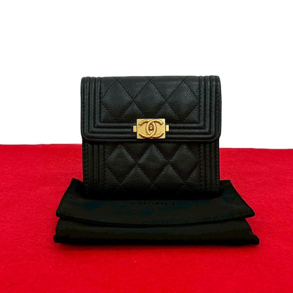 CHANEL Tri-fold wallet Matt caviar skin black Matrasse Boy chanel