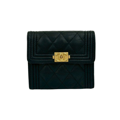 CHANEL Tri-fold wallet Matt caviar skin black Matrasse Boy chanel