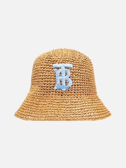 Luxury Burberry Monogram Motif Raffia Effect Bucket Hat Beige
