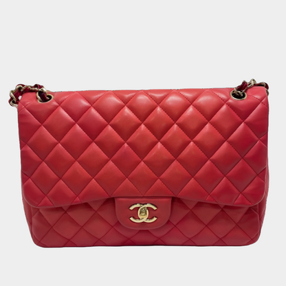 Chanel Classic Flap 2009 Large Red Leather Gold Hardware Velvet Chain Matelasse Strap