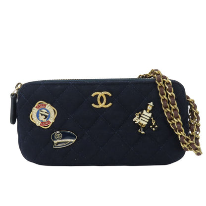 CHANEL Shoulder Bag Cotton, Leather Navy Marin Women