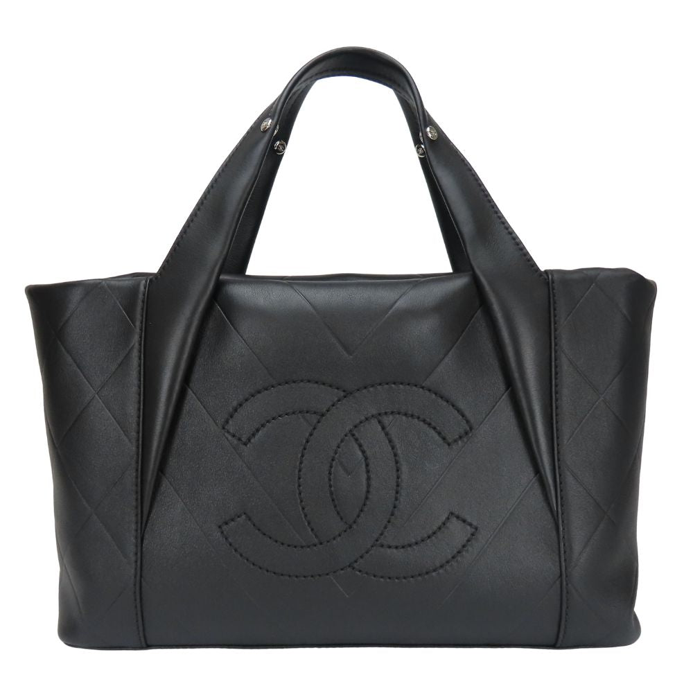 CHANEL Tote Bag leather black V-shaped stitch Women