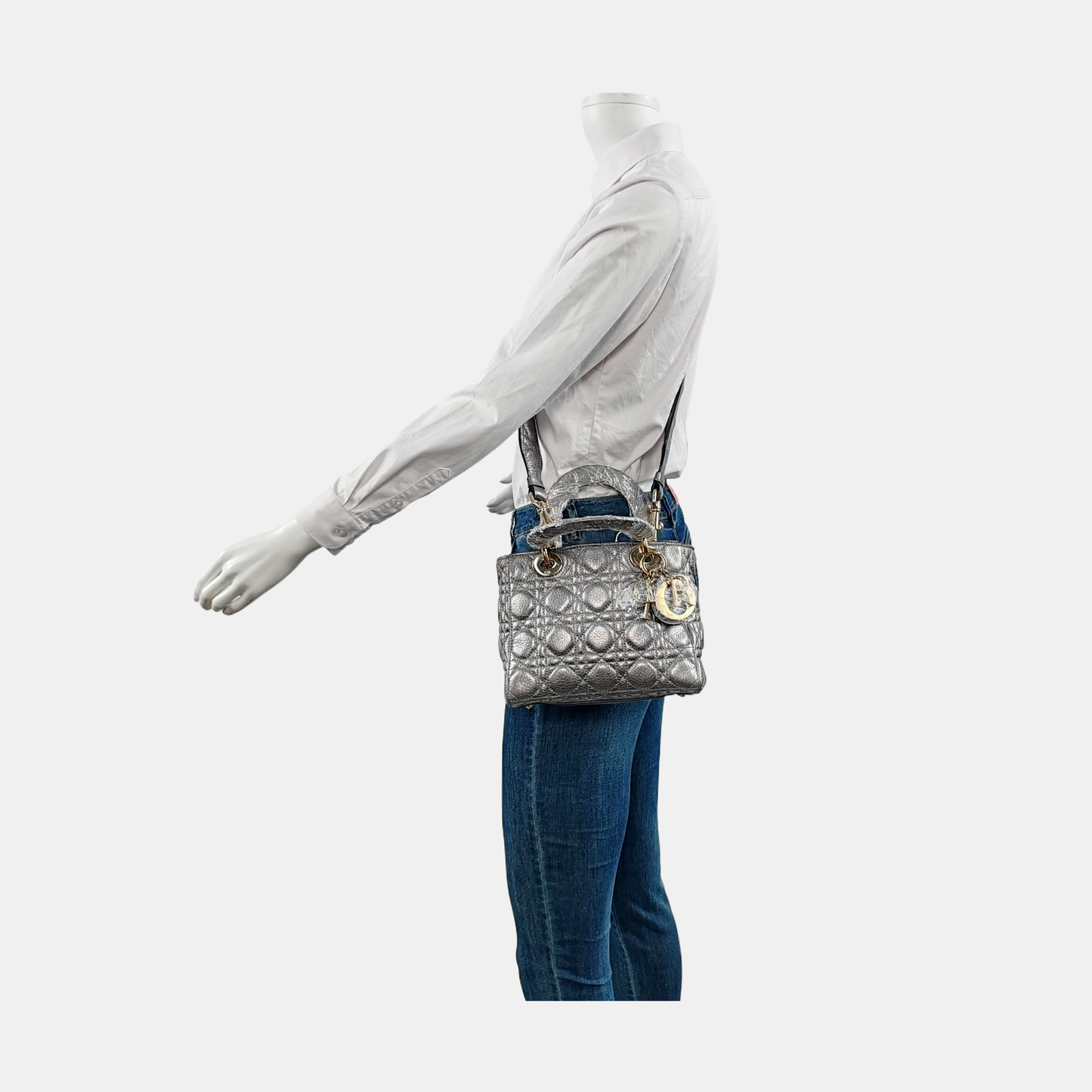 Lady Dior Small Supple Calfskin Leather Metallic Grey Cannage Handbag with Strap