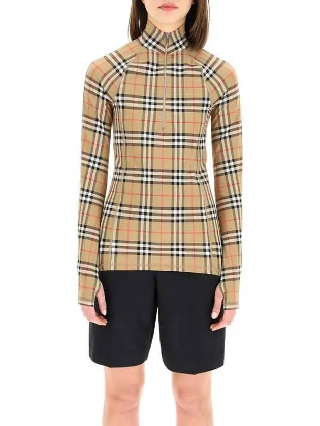 Luxury Burberry WoMen's Check Stretch Jersey Half Zip Up Long Sleeve T-Shirt Beige