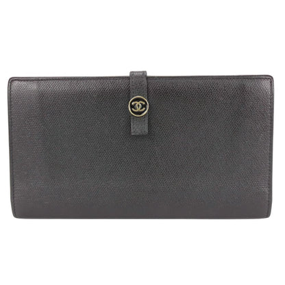 CHANEL Long Wallet Purse leather black COCO Button