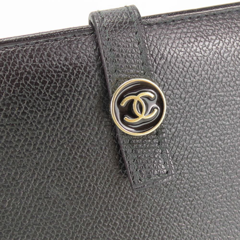 CHANEL Long Wallet Purse leather black COCO Button
