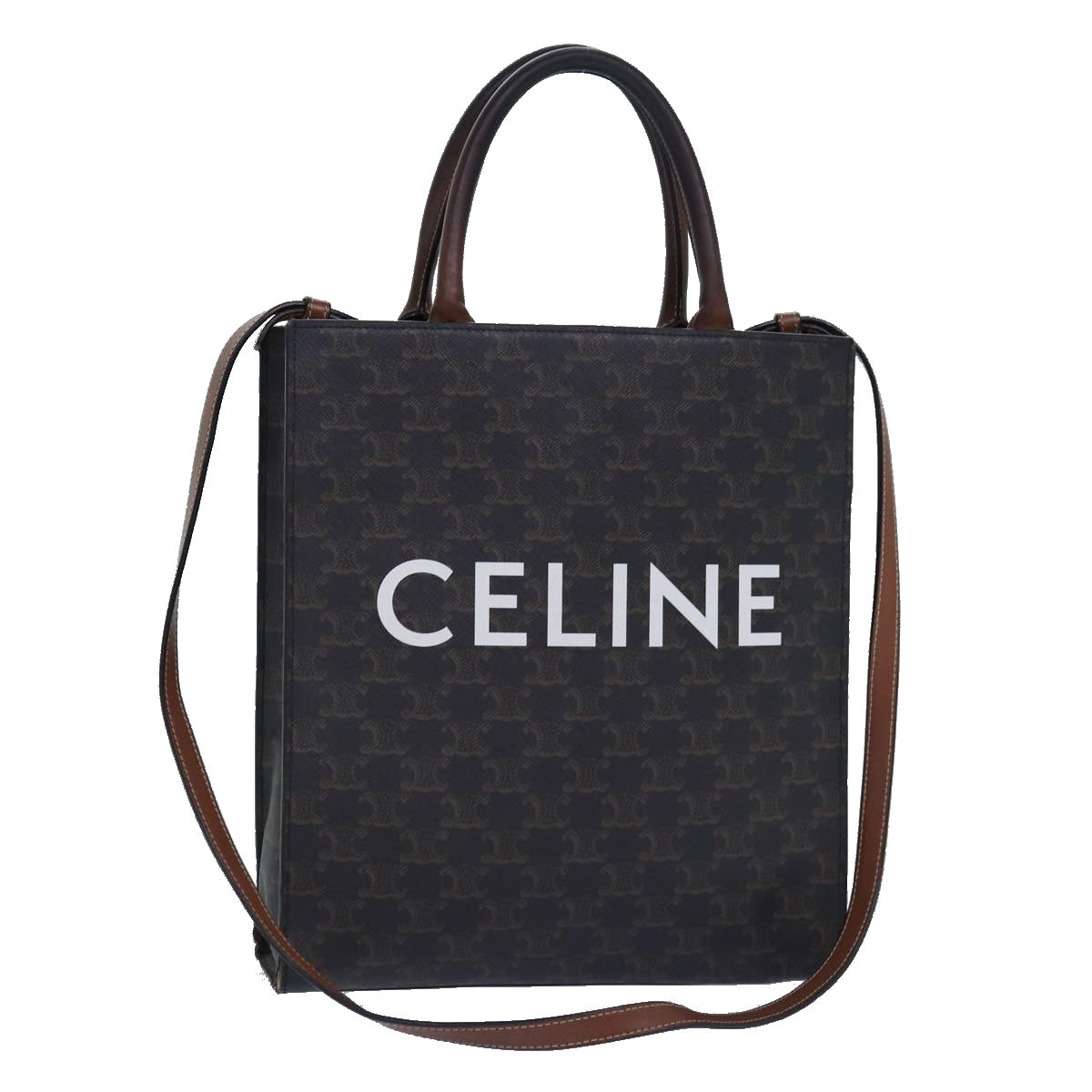 Luxury CELINE Triomphe Canvas Hand Bag PVC 2way Black Gold Auth 85281