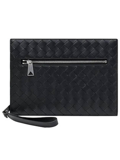 Luxury Bottega Veneta Intrecciato Zipper Small Clutch Bag Black