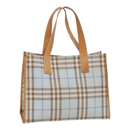 Luxury Burberry Nova Check Tote Bag PVC Leather Light Blue Brown Auth 85709
