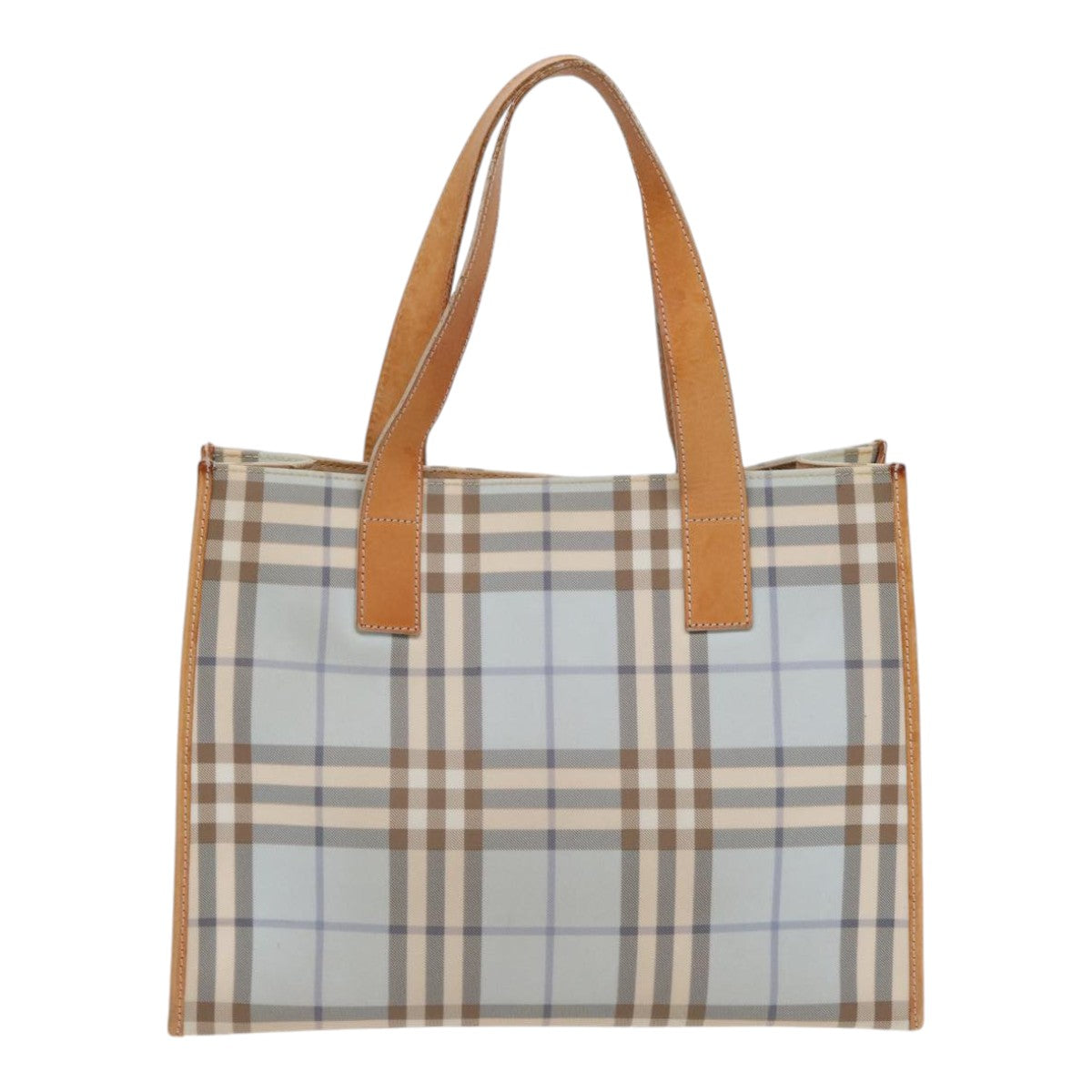 Luxury Burberry Nova Check Tote Bag PVC Leather Light Blue Brown Auth 85709