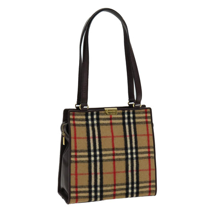 Luxury BurberrySs Nova Check Shoulder Bag Wool Beige Gold Auth 85746