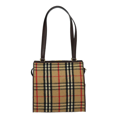 Luxury BurberrySs Nova Check Shoulder Bag Wool Beige Gold Auth 85746