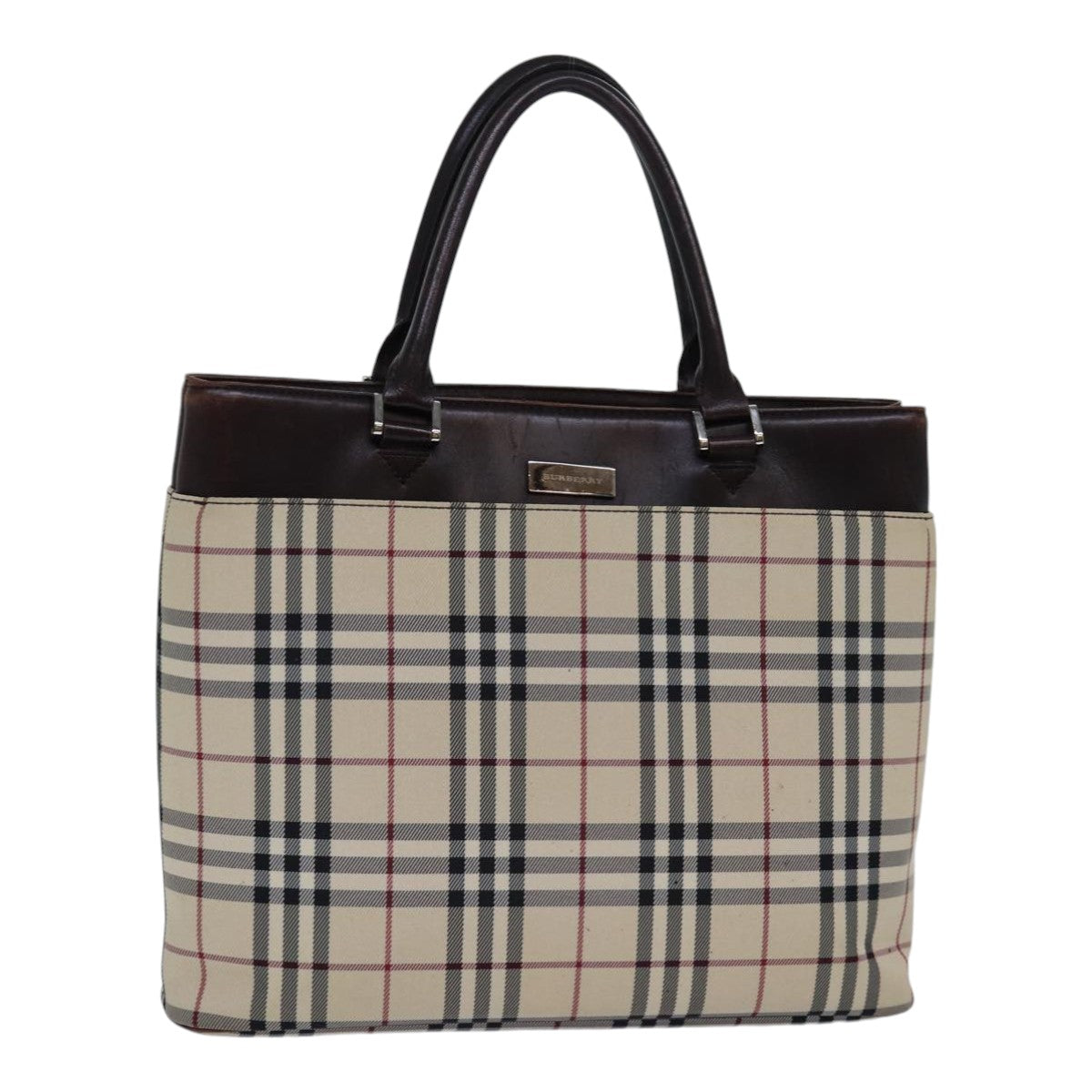 Luxury Burberry Nova Check Hand Bag Nylon Beige Silver Auth 85862