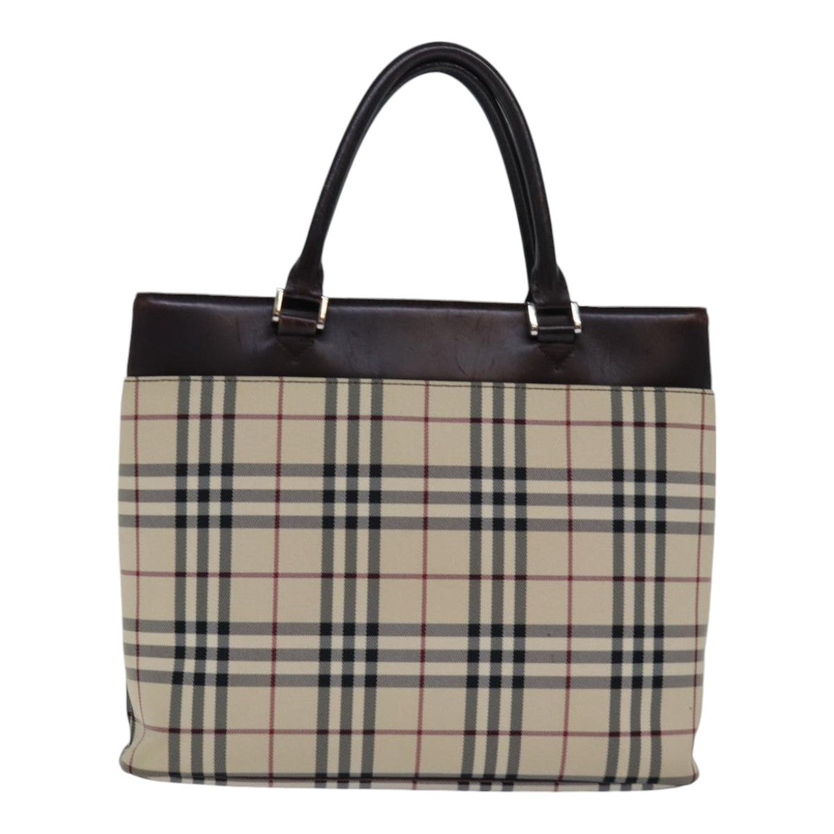 Luxury Burberry Nova Check Hand Bag Nylon Beige Silver Auth 85862