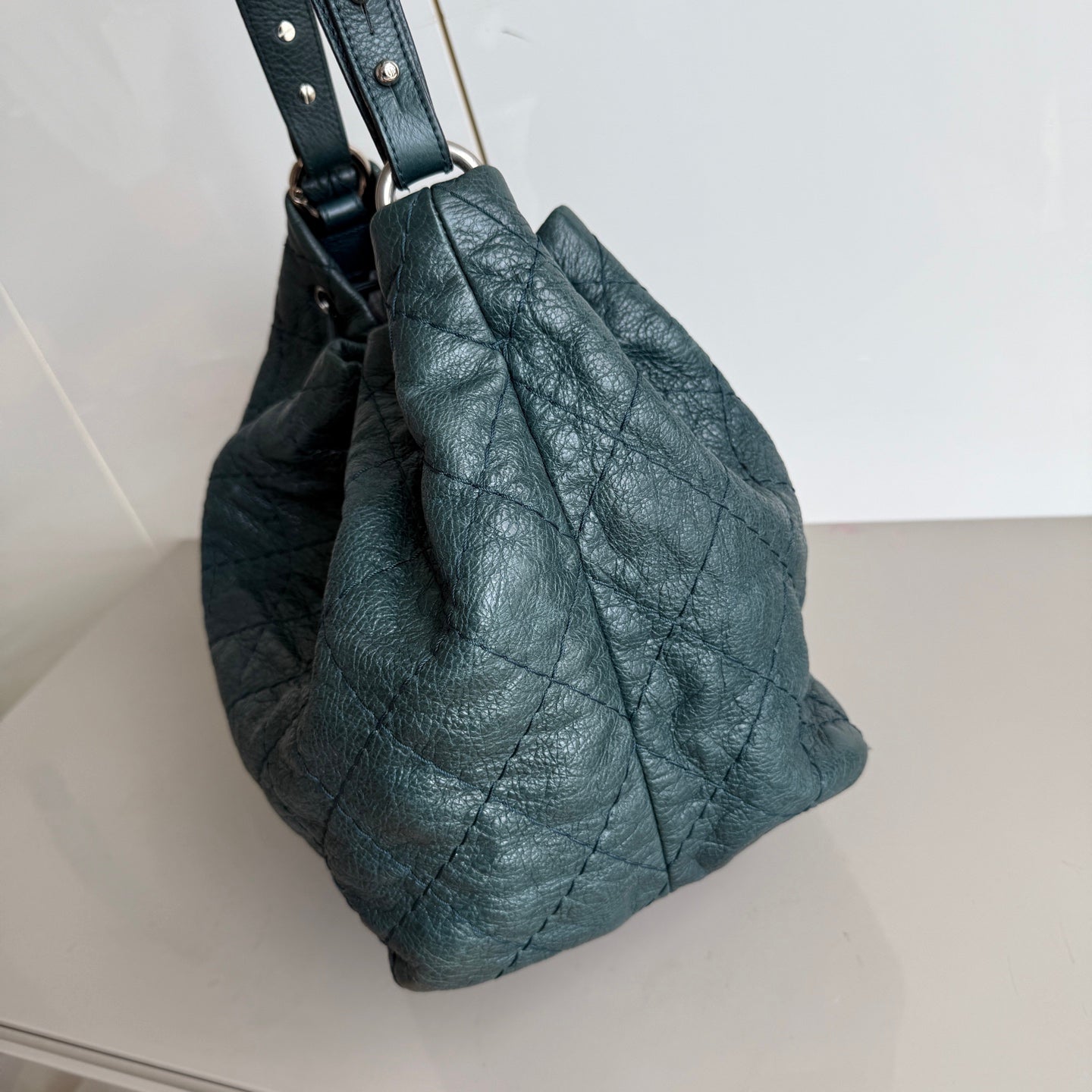 Chanel Bucket Bag Medium Dark Green Calfskin Leather Silver Hardware