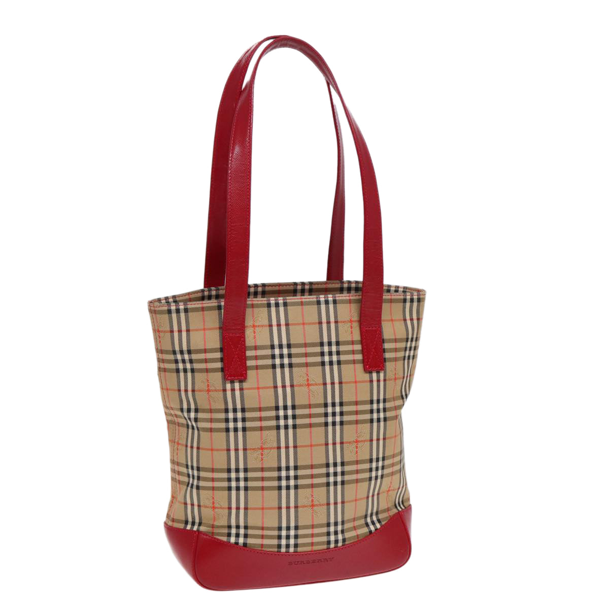 Luxury Burberry Nova Check Tote Bag Canvas Leather Beige Gold Red Auth 86159