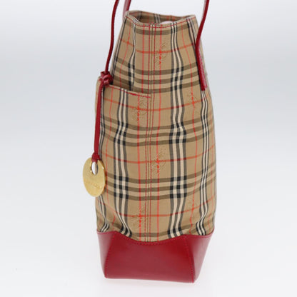 Luxury Burberry Nova Check Tote Bag Canvas Leather Beige Gold Red Auth 86159