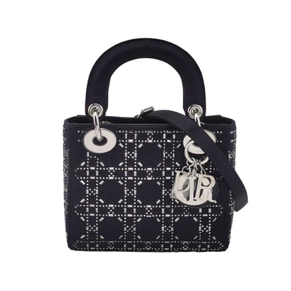 Lady Dior Mini Black Silk with Crystals Silver Hardware