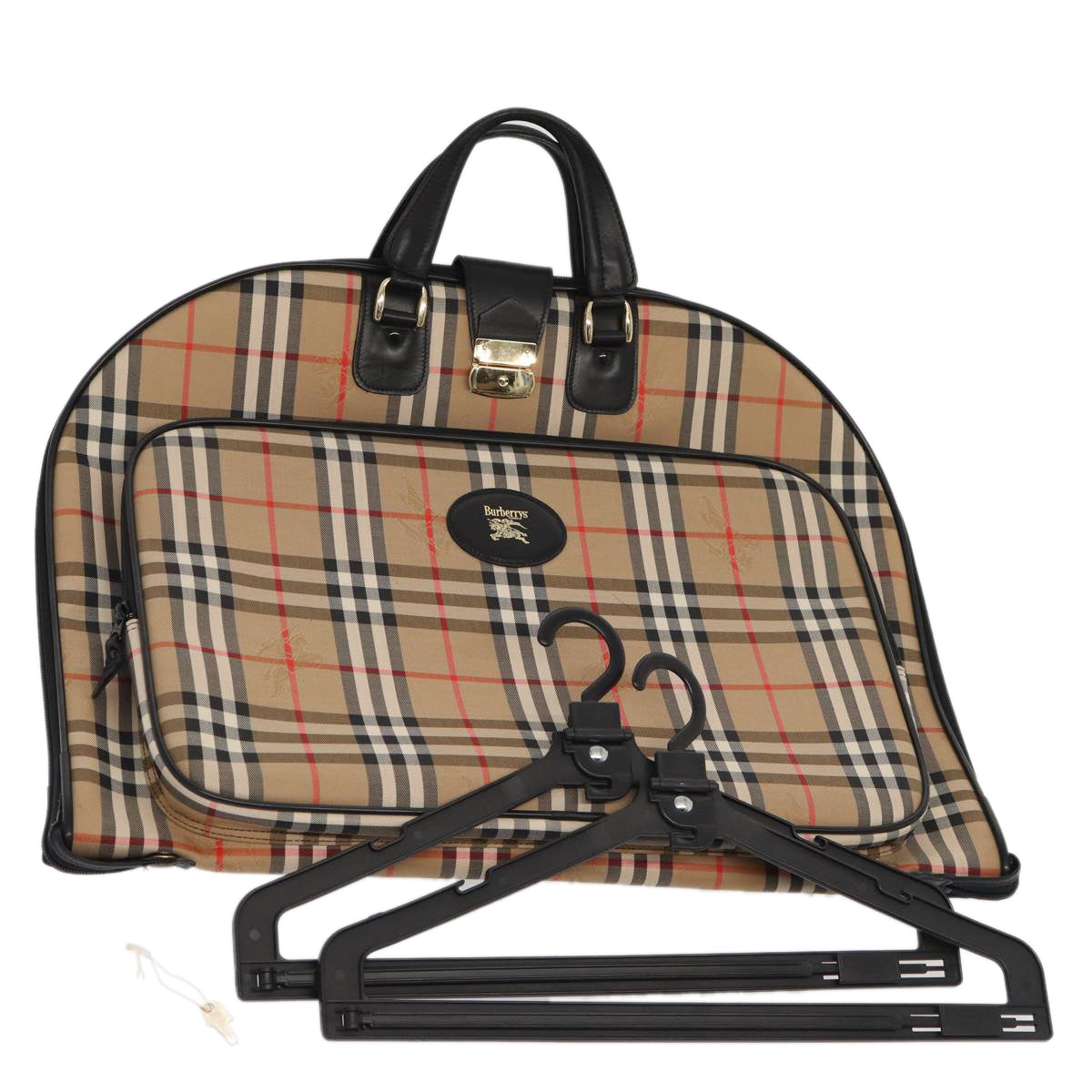 Luxury BurberrySs Nova Check Garment Cover Canvas Leather Beige Black gold Auth 86956