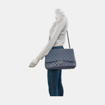 Chanel Classic Flap Maxi Misty Blue Lambskin Leather Double Flap with Silver-tone Hardware