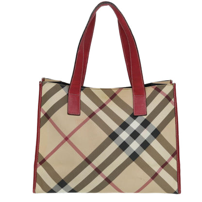 Luxury Burberry Nova Check Tote Bag Beige Red Silver Auth 87022