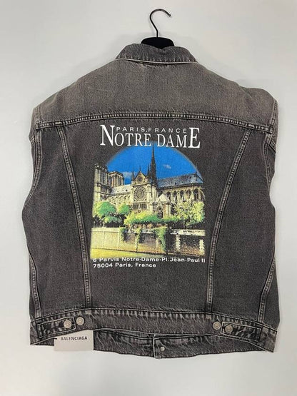Luxury Balenciaga Trending 2025 Notre Dame Print Denim Jacket Black