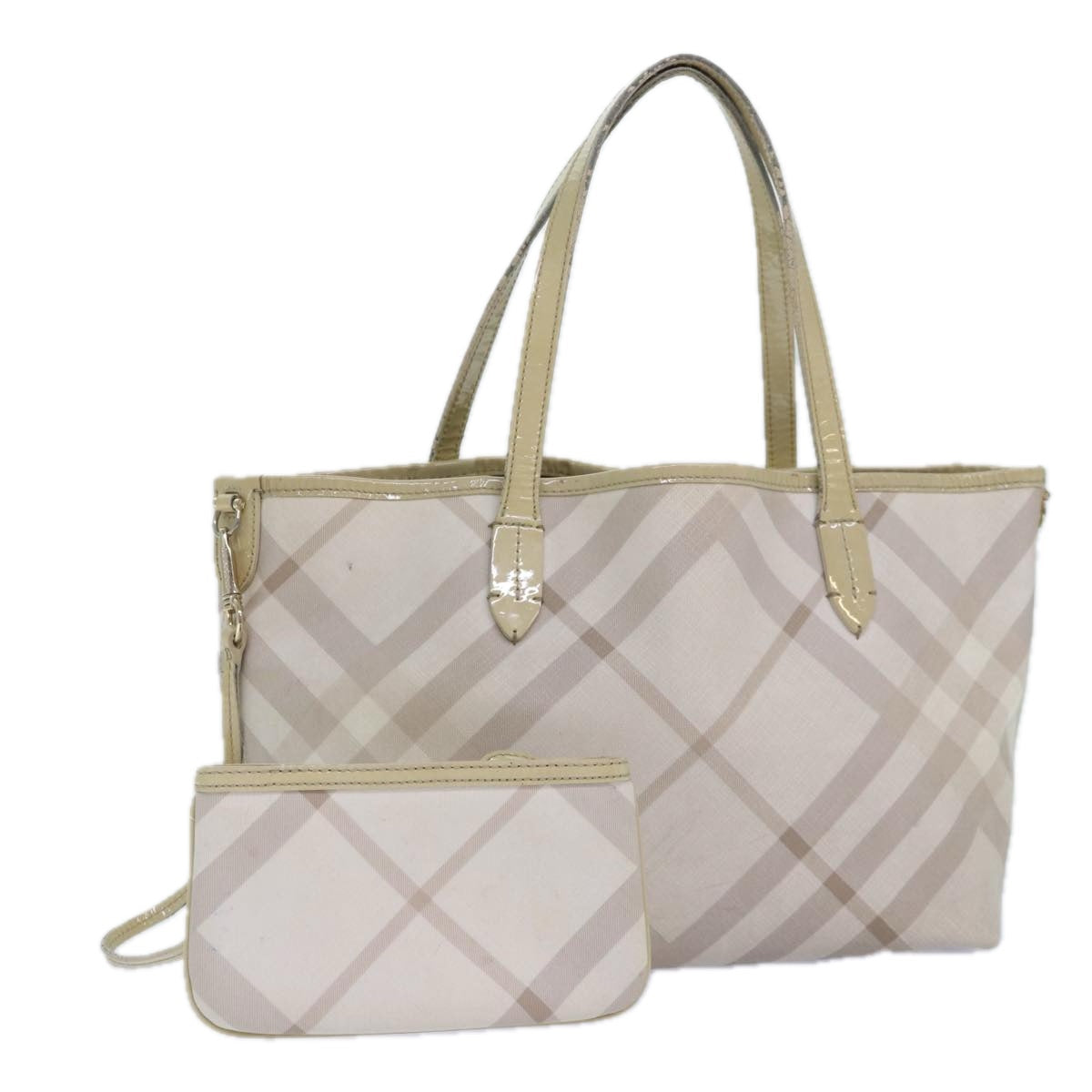Luxury Burberry Nova Check Tote Bag PVC White Silver Auth 87223