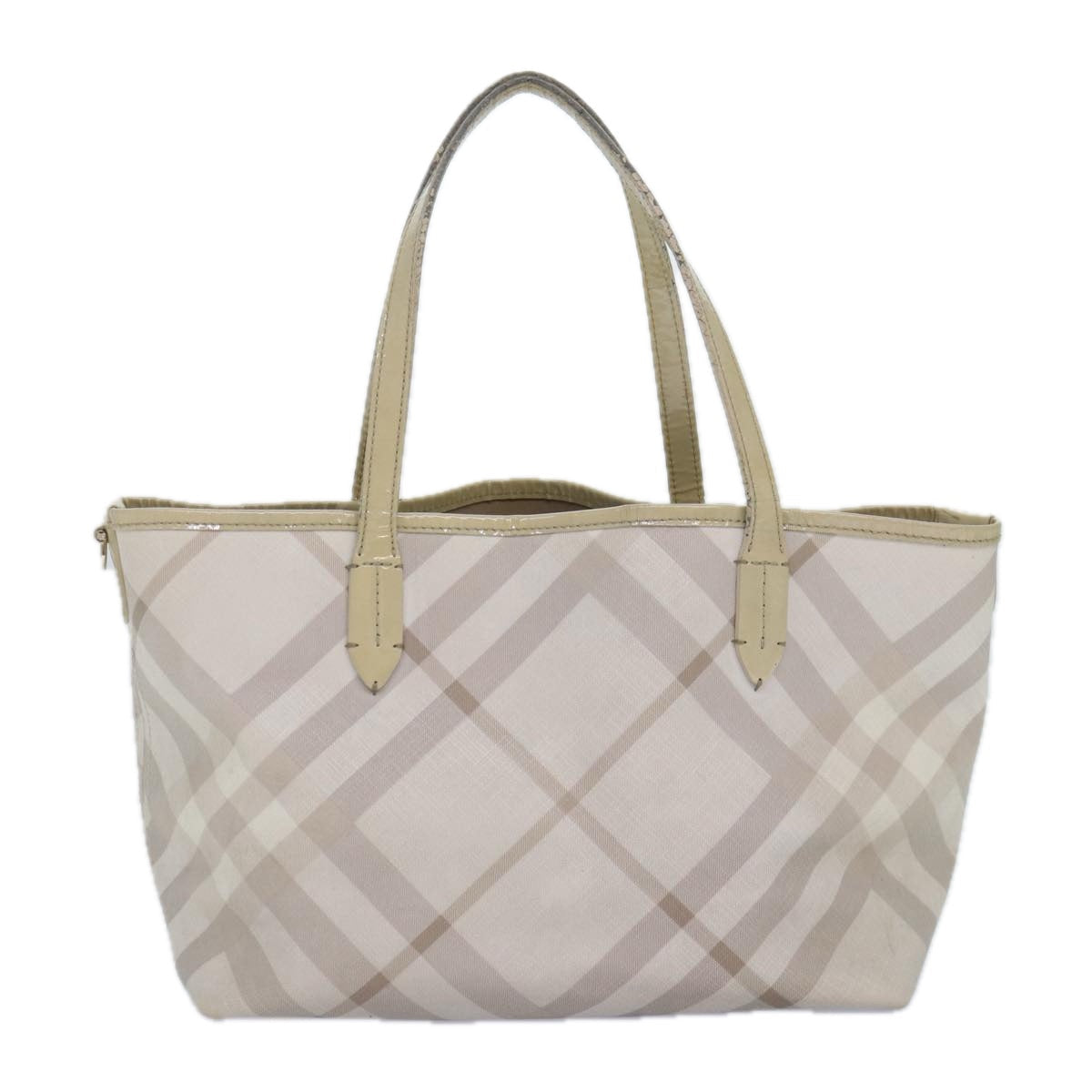 Luxury Burberry Nova Check Tote Bag PVC White Silver Auth 87223