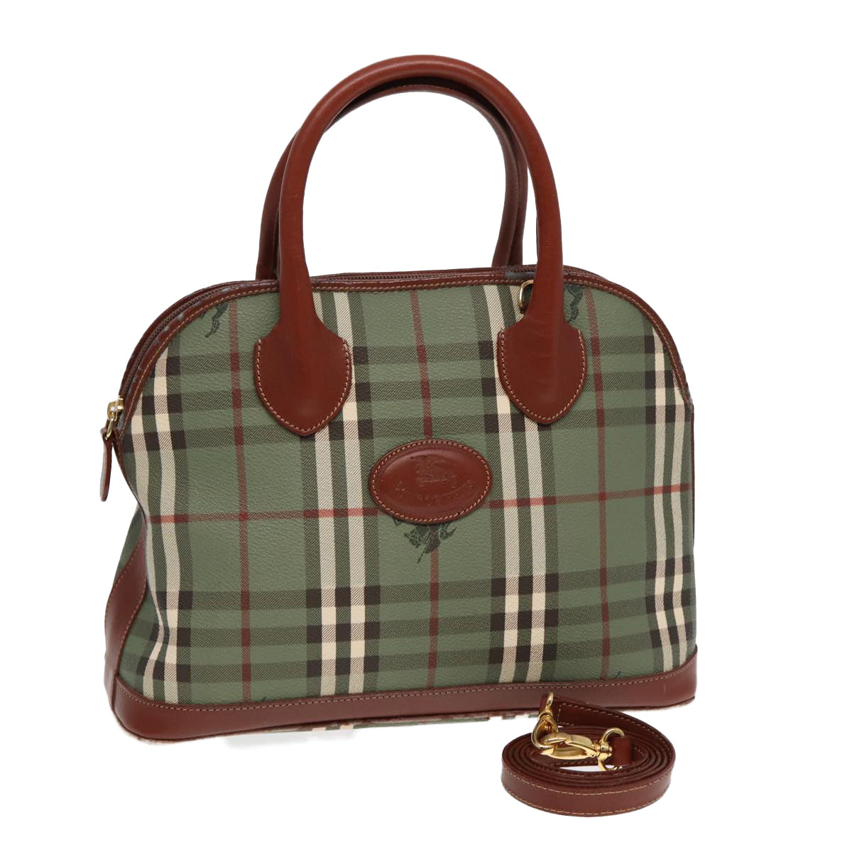 Luxury BurberrySs Nova Check Hand Bag PVC 2way Green Gold Auth 87235