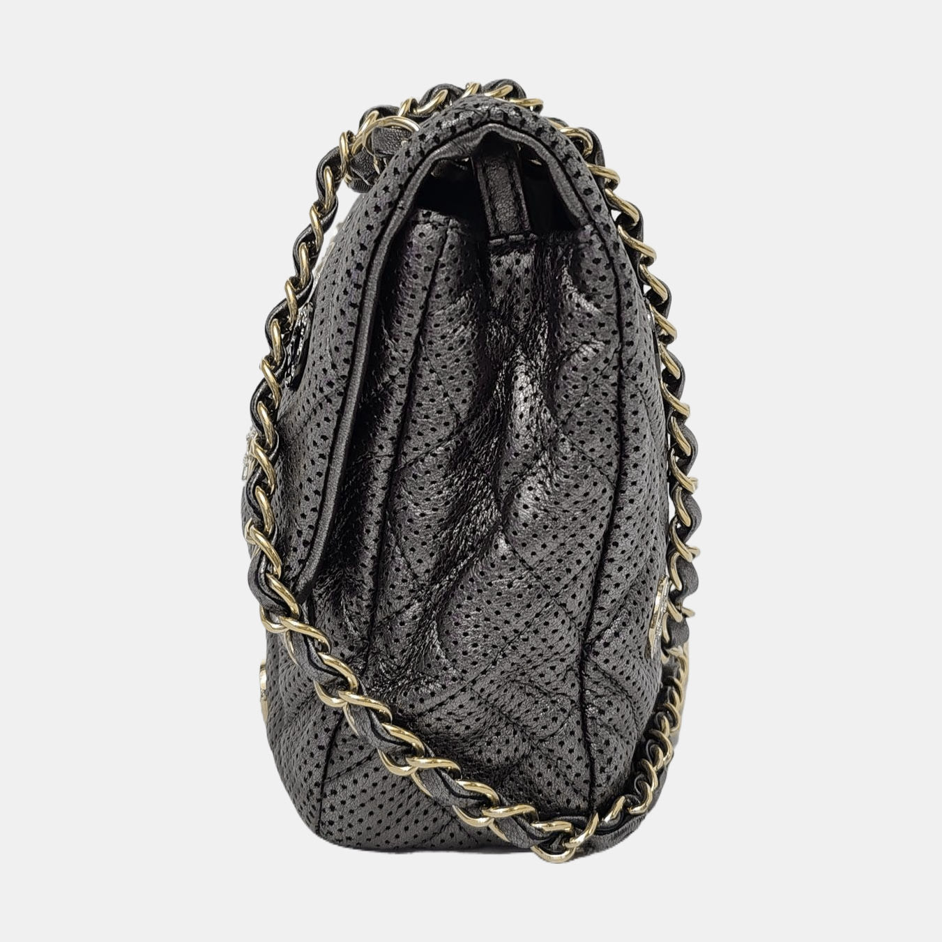 Chanel Paris-Dubai Jumbo Grey Perforated Lambskin Leather with Buttons Gold Hardware