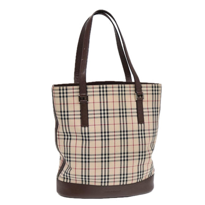Luxury Burberry Nova Check Tote Bag Canvas Beige Brown Silver Auth 87632
