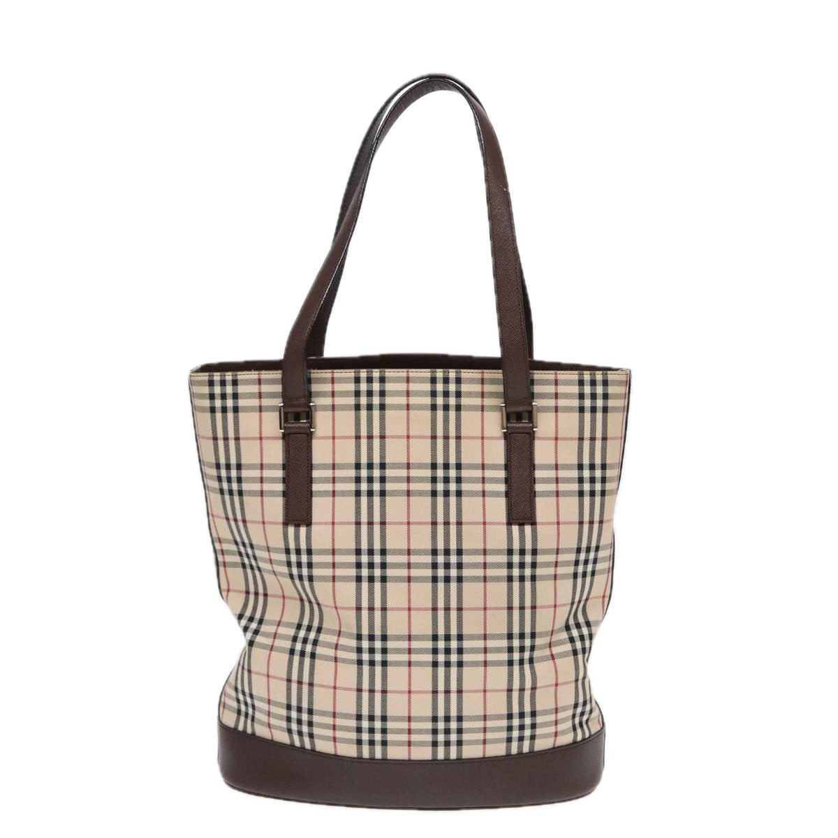 Luxury Burberry Nova Check Tote Bag Canvas Beige Brown Silver Auth 87632