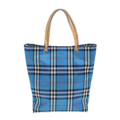 Luxury Burberry Nova Check Tote Bag Nylon Blue Silver Auth 87633