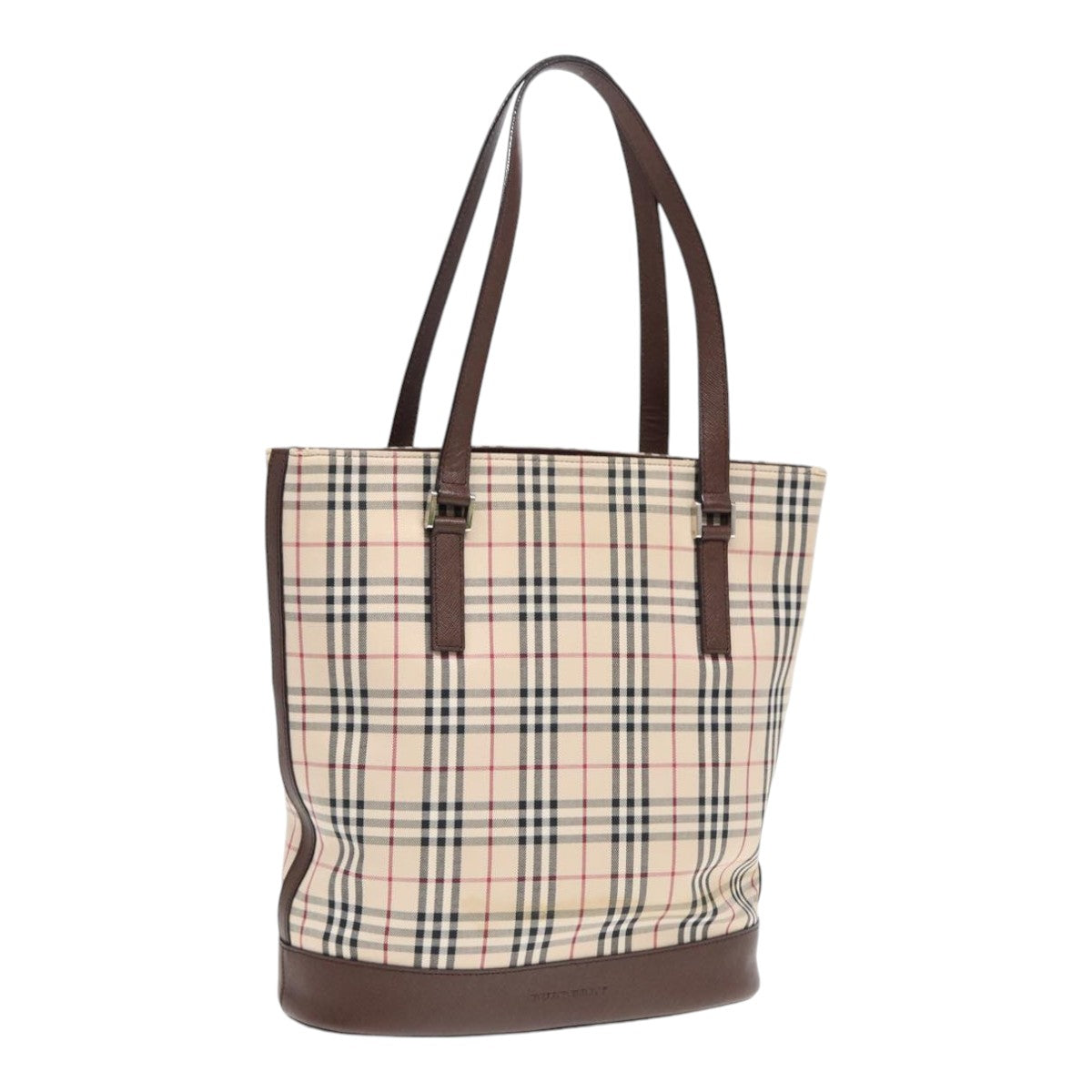 Luxury Burberry Nova Check Tote Bag Canvas Beige Brown Silver Auth 87766