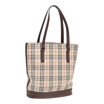 Luxury Burberry Nova Check Tote Bag Canvas Beige Brown Silver Auth 87766