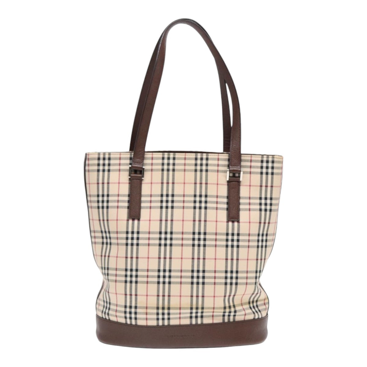 Luxury Burberry Nova Check Tote Bag Canvas Beige Brown Silver Auth 87766