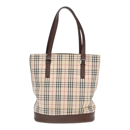 Luxury Burberry Nova Check Tote Bag Canvas Beige Brown Silver Auth 87766