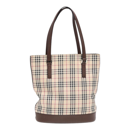 Luxury Burberry Nova Check Tote Bag Canvas Beige Brown Silver Auth 87766