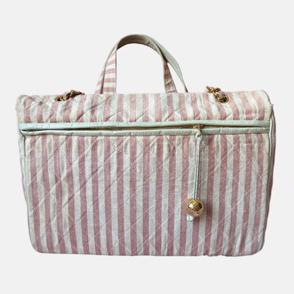 Chanel Vintage XXL Maxi Pink Striped Travel Flap Bag Canvas Gold Hardware